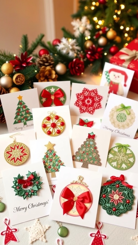 A collection of DIY 5x7 Christmas cards with colorful designs and decorations on a festive table.